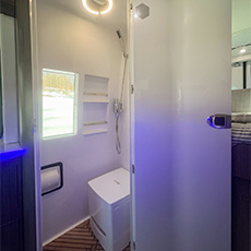 Compact wet bath with toilet, white walls, teak-style floor, and small window