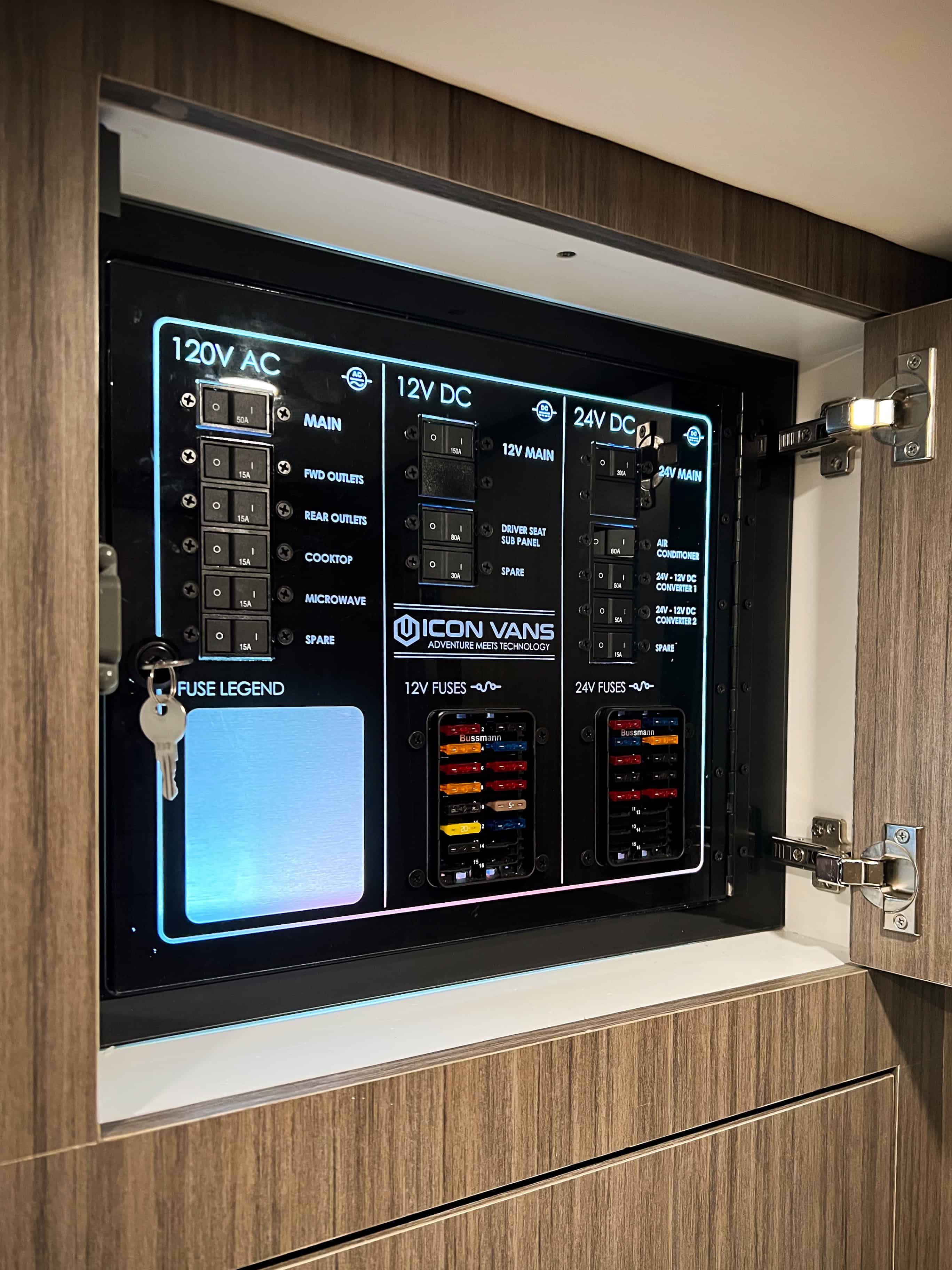Electrical panel with 120V AC, 12V DC, and 24V DC circuits, fuse bank, and Icon Vans branding